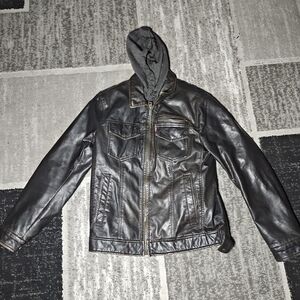 Levi's Men's Brown Faux Leather Jacket, Medium Sherpa Lining, Hoodie Size M